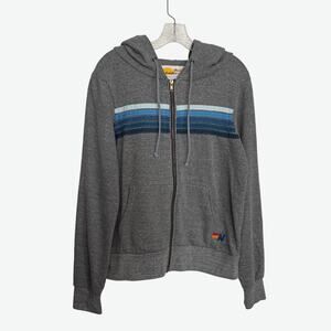 Aviator Nation Hoodie Womens Medium Gray Full Zip Stripe Fleece USA Sweatshirt
